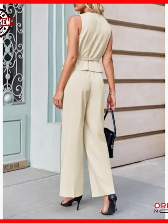 V-Neck Tie-Waist Blazer Vest & Wide Leg Pants Business Casual Set - Picture 3 of 7